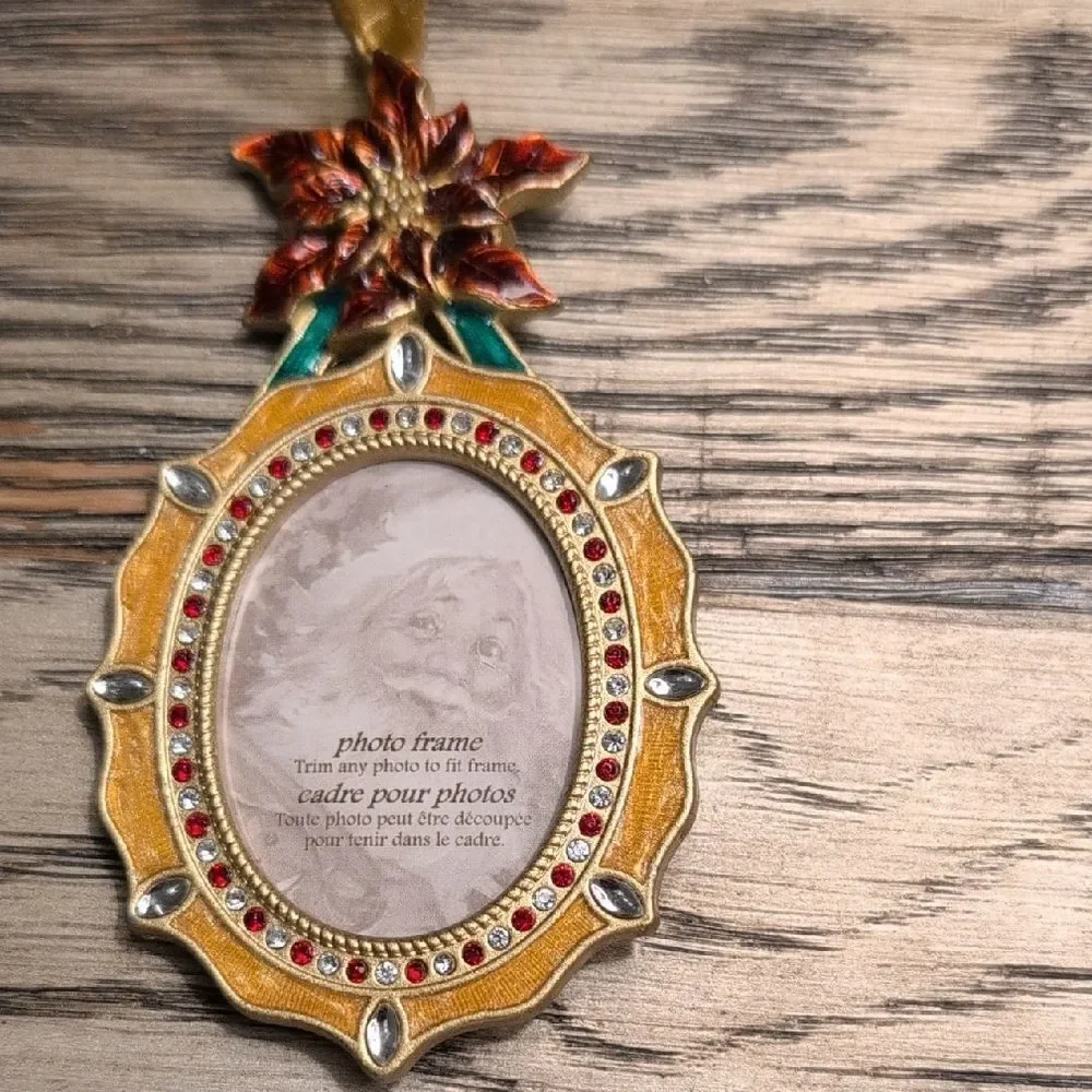 Gold & Red Enamel Metal Rhinestone  Christmas Poinsettia Ornament Picture Frame